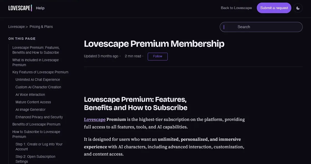Lovescape help center article describing Premium membership