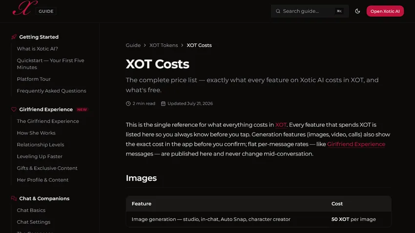 Xotic AI official XOT costs guide and image price table